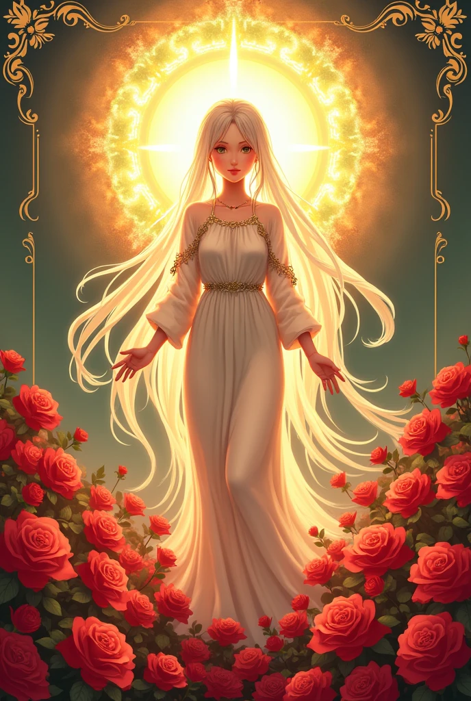 Draw the Virgin Saint Rose of Lima with roses around her and a golden aura, very much in the style of genshin impact