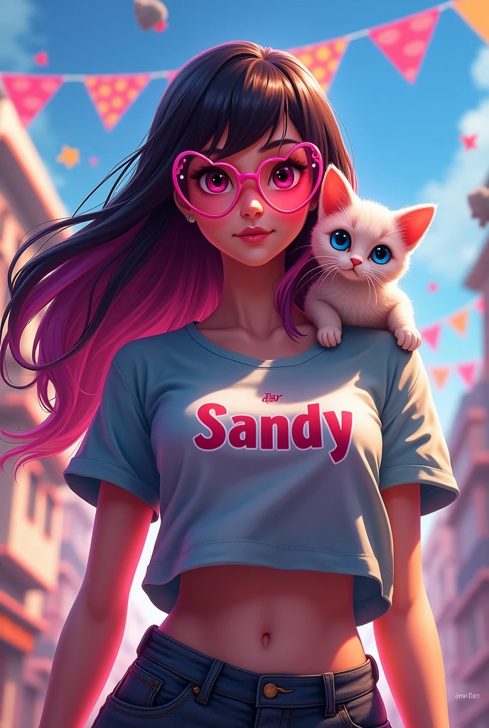 Free Fire game style female character, with long hair and heart shaped glasses, with a kitten on the shoulder, t-shirt with name SANDY written on it