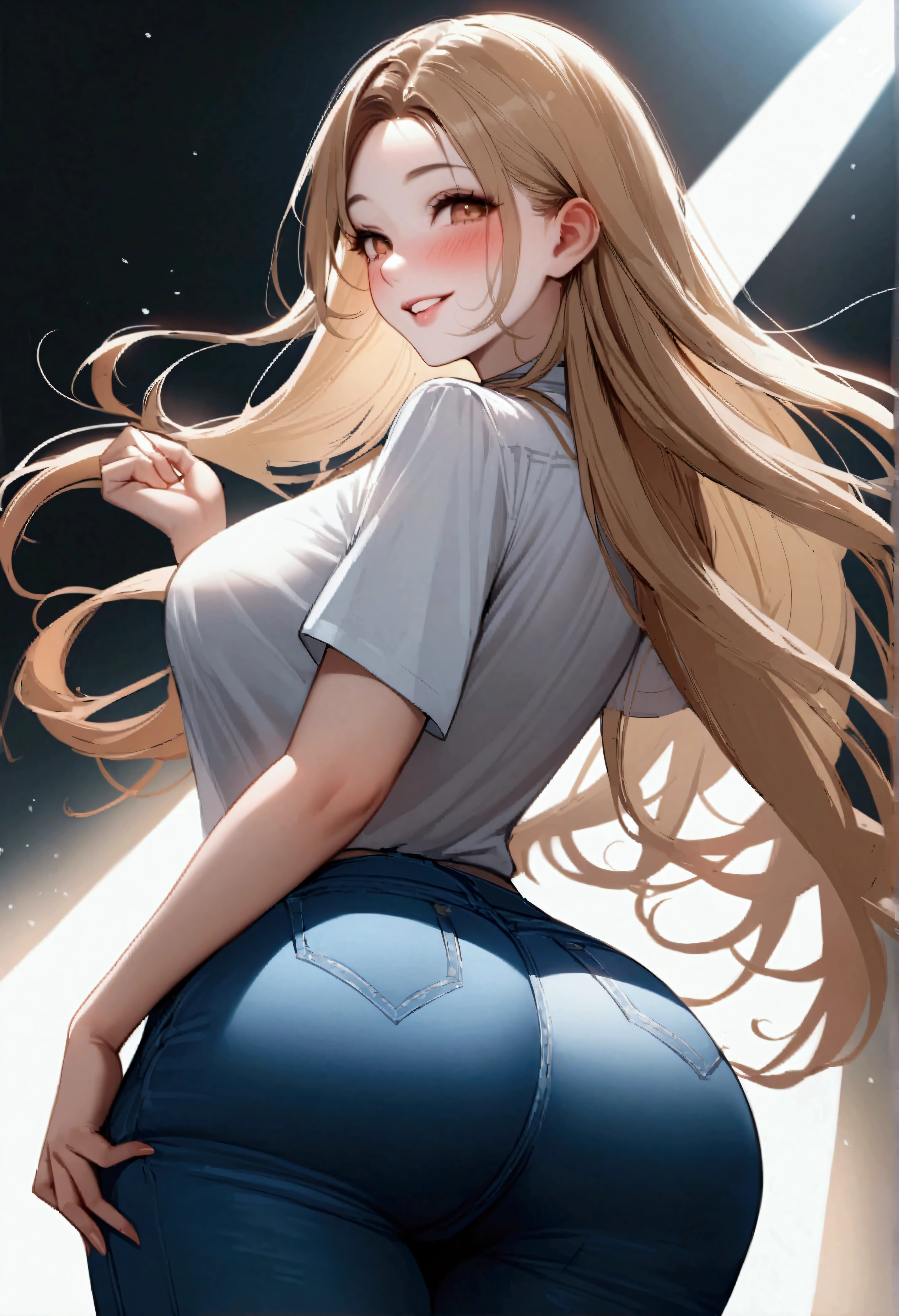 Perfect Nose、Beautiful Face、Face Adjustment、Perfect Face、Score 9、Score 8_up、Score 7_up、1 girl、power（Chainsaw Man）、Low angle view、Wide Hips、Tight jeans、Thighs、Beautiful Face、smile、excited、Happy pose、Score 6、Score 5、anime、Big Ass、Peach-colored buttocks、Tight ass、From the back、Beautiful Teeth、Beautiful Face、Perfect Face、Large low cut white shirt、Squeezing the butt cheeks、blush、1 girl、p0w3r0x1、Long Hair、Blonde Hair、Red Corner、Devil&#39;s Pupil、Beautiful Face、Highly detailed face、Highly detailed jeans、Jeans pocket、巨大なPeach-colored buttocks、Semi-realistic、realism