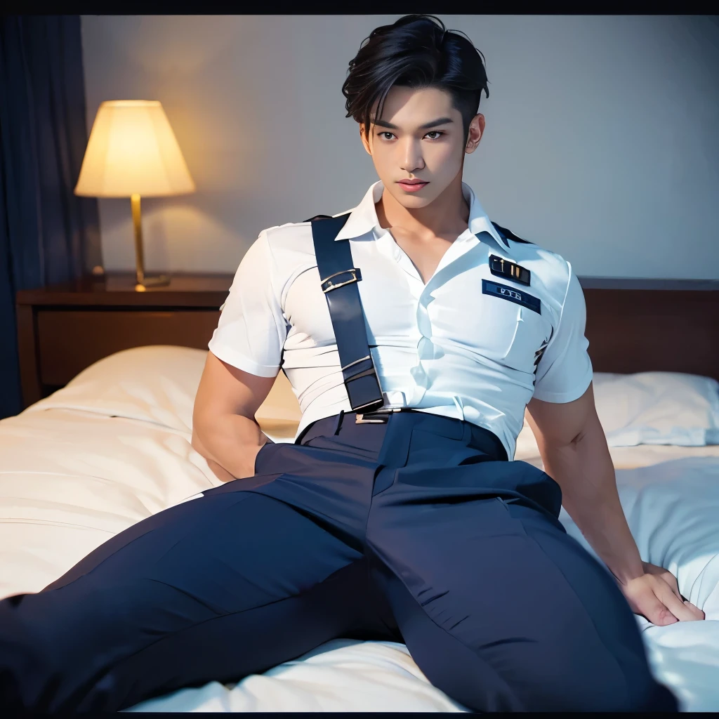 K-pop idol boy ,Korean Bulky Male Officer ,Wear a tight-fitting white latex police uniform shirt................ navy blue striped long pants, plain and tight, Wide open legs, legs on the shoulder, lying in the bed, Missionary point of view, men drooling, dark atmospher，8k,Efeitos de iluminAction cinematográfica，texturized skin，best qualityer，Images to tell stories，Images to tell stories，dynamic blur，Action,  ending , prostitute with hard penis