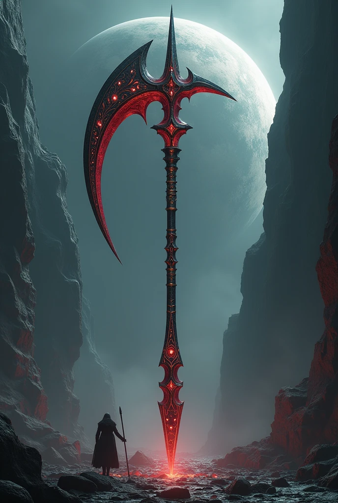 Halberd of hell abbys, halberd super detailed((search image of halberd for reverence)),1,8 meter halberd Long,halberd head is slimmer,have a long spike at head weapon,the spear tip long on top,long ,abbys aura,dark abbys,crescent moon halberd featuring,mysterious red and black dark halberd,planet shatter at background,planet shatter detailed,the planet split in two part background,silver pattern and golden rune around,abbys dark,dark style,evil ways, demonic God weaponery,evil background,destruction everywhere, ultra hd,24K ultra hd, better quality, masterpiece, ultra realistic halberd