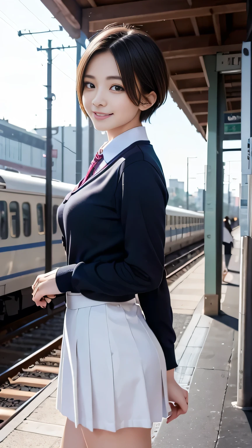 Masterpiece、Highest quality、An illustration、Super detailed、High resolution with great detail、8k wallpaper、Perfect dynamic composition、１６year old female student、cute、Super Short Hair、Short Bob、Small breasts、Beautiful detailed eyes、School uniforms、Natural color lip、Random sexy poses、smile、waiting for the train on the station platform、