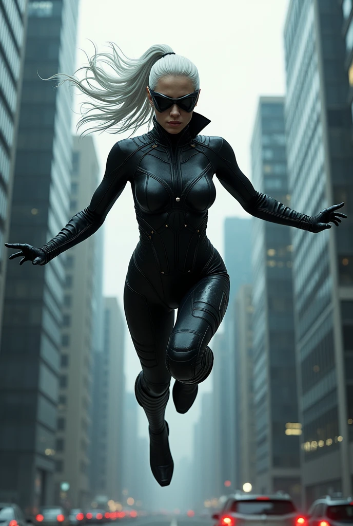 (((A beautiful woman with white hair tied back in a ponytail wearing a black leather jumpsuit, black Symbiote skin, long black gloves, black knee-high boots, a mask with black visors with silver trim, Robin jumping between the skyscrapers)))