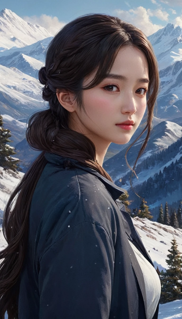 ((masterpiece)),Highest quality, shape, dark, One Girl, In the wilderness,A tall mountain,Snow-capped mountains visible in the distance々々, city, Beautiful attention to detail, Beautiful detailed hair,