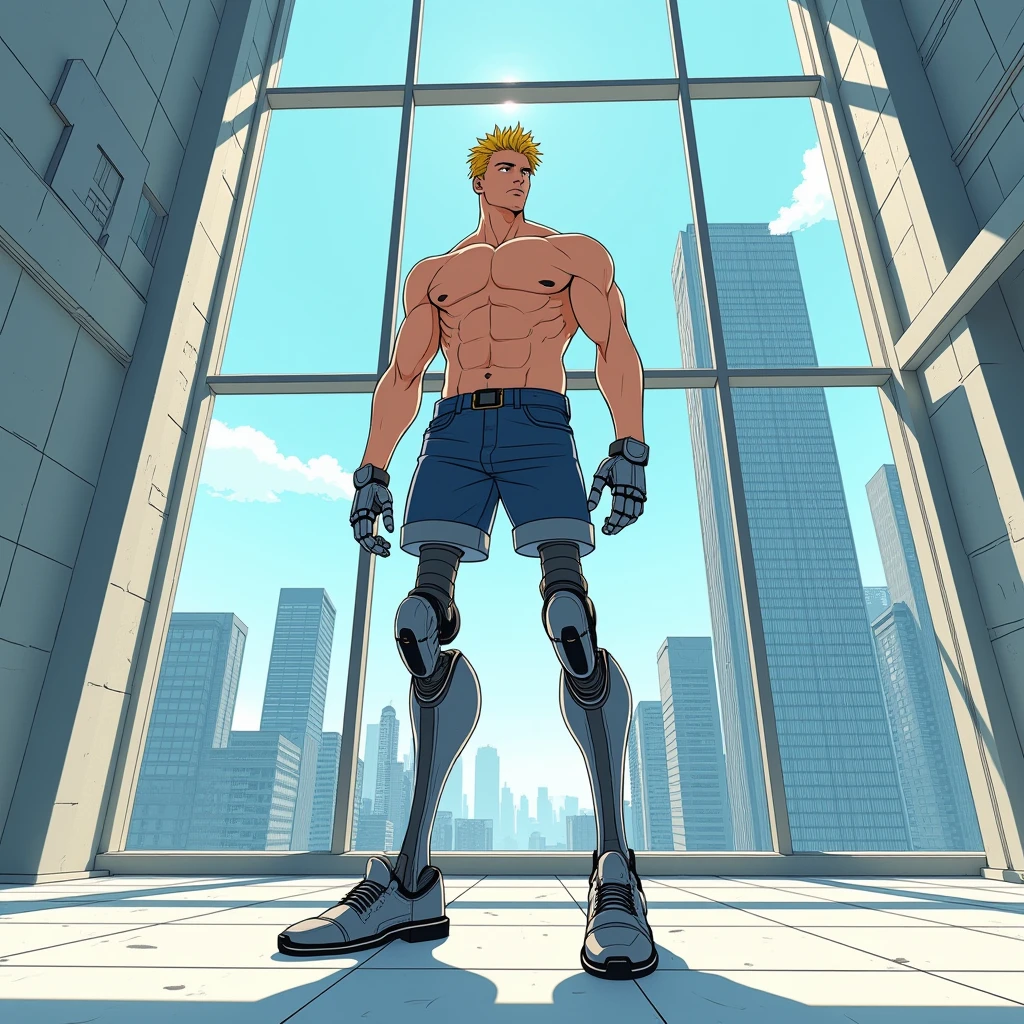 Japanese manga style Hayao Miyazaki,Floor to ceiling windows in the background,Tall buildings outside the window,Handsome blond man, he has robotic legs at knee height (his legs were amputated years ago), athletic body