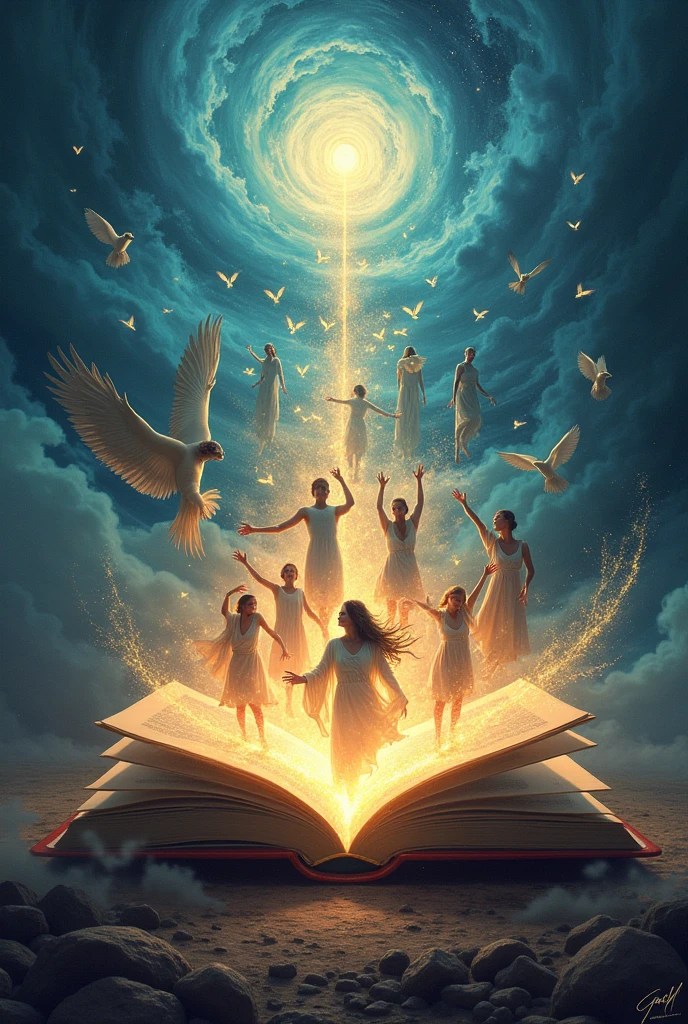 Make a poster where there is a book and knowledge and people about literature are coming out of the book