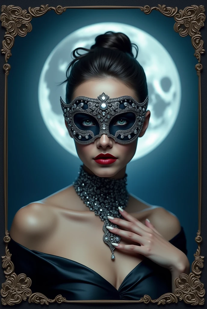 The image shows a woman in the foreground, head on, with an elegant pose. She wears a mask that covers part of her eyes.. The mask is dark in color with silver details.. 
giving it a majestic and mysterious air.

The woman has her hair up in a high, sophisticated bun., with a few loose strands falling softly to the sides of her face. His skin is pale, standing out against the darkness of his outfit. She wears a dark dress, probably silk, with a neckline that leaves her shoulders exposed. The dress has an elegant design and silver details..

The woman wears a pendant hanging from her neck, which has a beautiful and delicate silver-colored design. His left hand is slightly raised, touching the pendant, adding a touch of delicacy and mystery to her pose.

The background of the image is a blue night, but you can see the full moon in the background just behind the woman&#39;s head. There are decorative details on the edges of the image that frame the protagonist., giving it the look of an antique portrait or ornate frame, which adds a touch of elegance and timelessness to the cover.