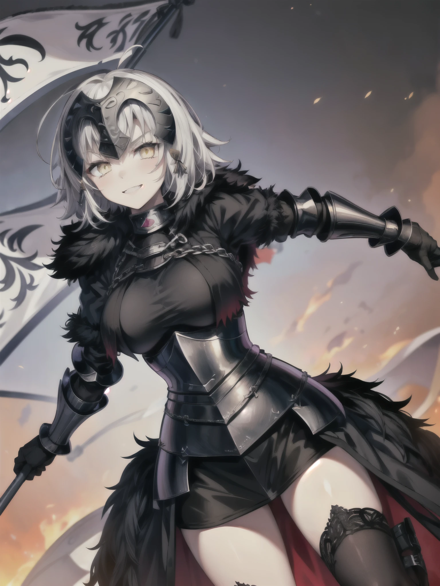 (top-quality、​masterpiece:1.2)、1girl in、Beautiful fece、Beautiful fece、styles、elegent、enticing、A sexy、Beautiful and well-groomed face、beautidful eyes、beautiful hairl、slick skin、((Joan of Arc Alter))Characters of fate,Fashionable with a change of clothes、White hair、Looking at the camera、Create a department、One hand is on his hip((unrevealing clothes))、((Stick the battle flag to the ground))Eyes of Gold、((Black fur coat、Black Armor))、Colossal tits、Big buttocks、femele、 ((Vicious look、Vulgar smile)) ((Background with、karo、battle field))Adults
