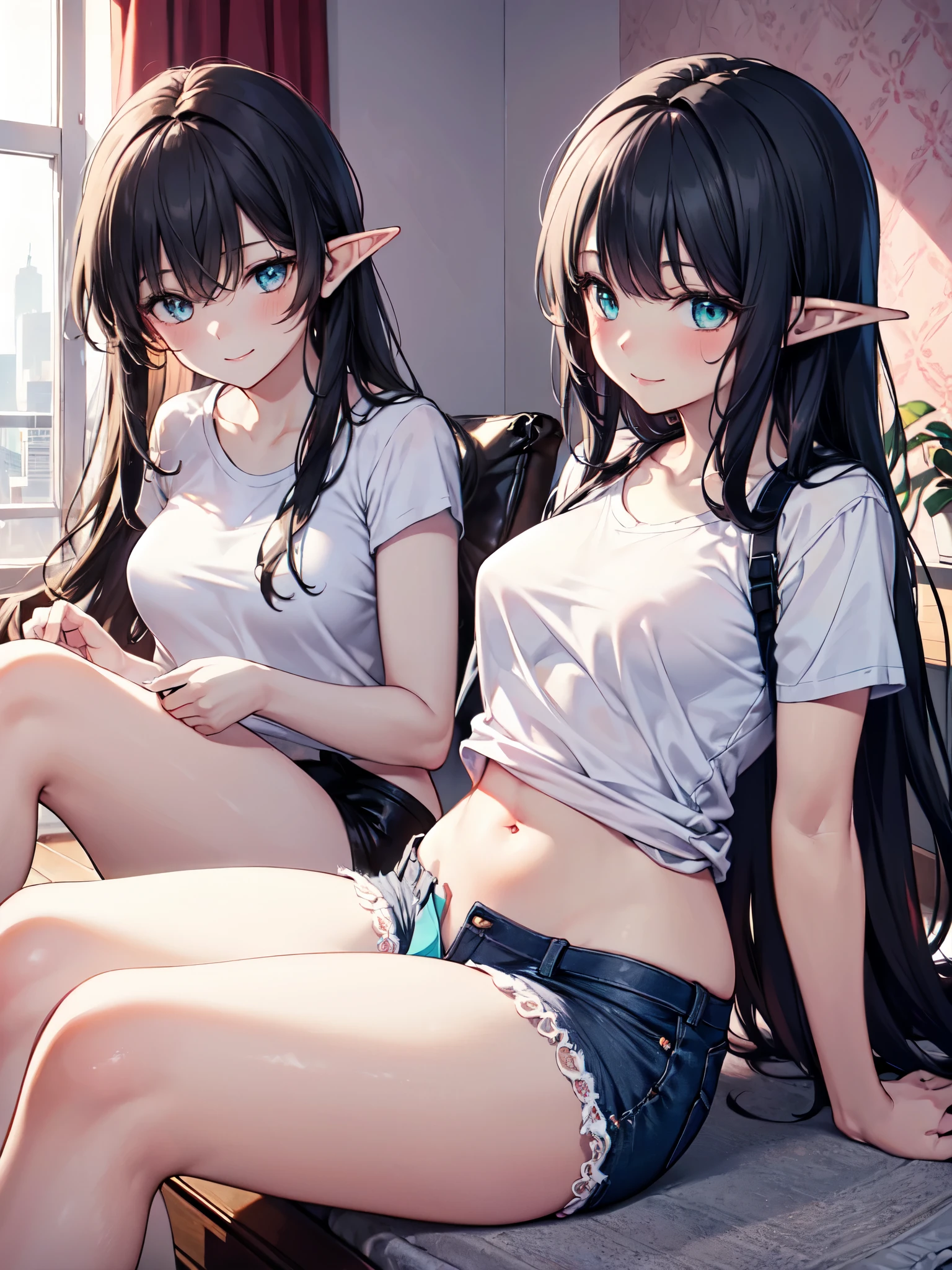 realistic image, detailed image, coherent image, 1 elf, turquoise eyes, very long hair, black hair with streaks, blushing, smiling, She has a curvy body, medium breasts and thick thighs, she is wearing a small t-shirt, showing her navel, mini shorts for sleeping, lace thong, She is posing sensually, sitting on her knees, arching her back, view from below, dramatic shadows, volumetric lighting, natural lighting, pink feminine room background