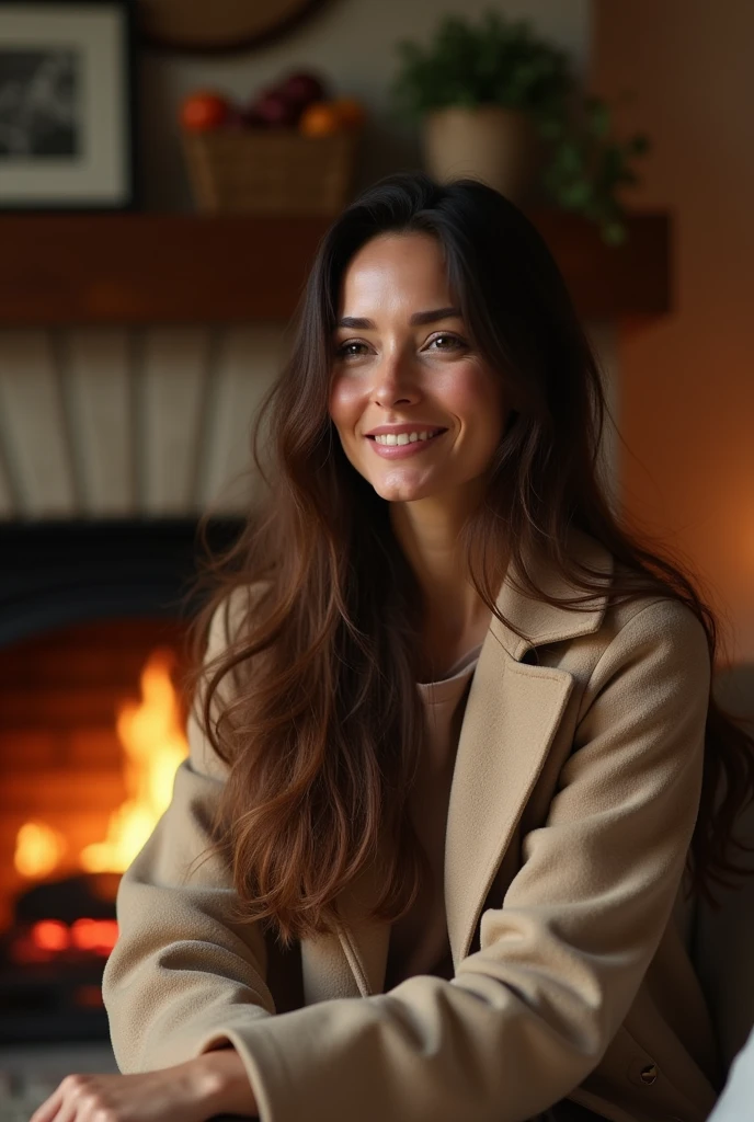 A Brazilian woman with fair skin and long brown hair, 50 years old, sitting near the fireplace with a beige coat and a happy smile