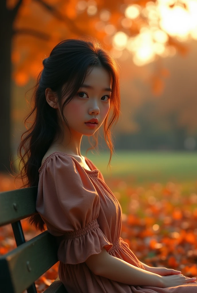 a serene autumnal landscape, 1 girl sitting on a bench, beautiful detailed eyes, beautiful detailed lips, extremely detailed face, long eyelashes, autumn dress, pensive expression, sitting in a park with colorful fall foliage, warm sunlight, golden hour, cinematic lighting, muted color palette, highly detailed, intricate textures, photorealistic, award winning digital art