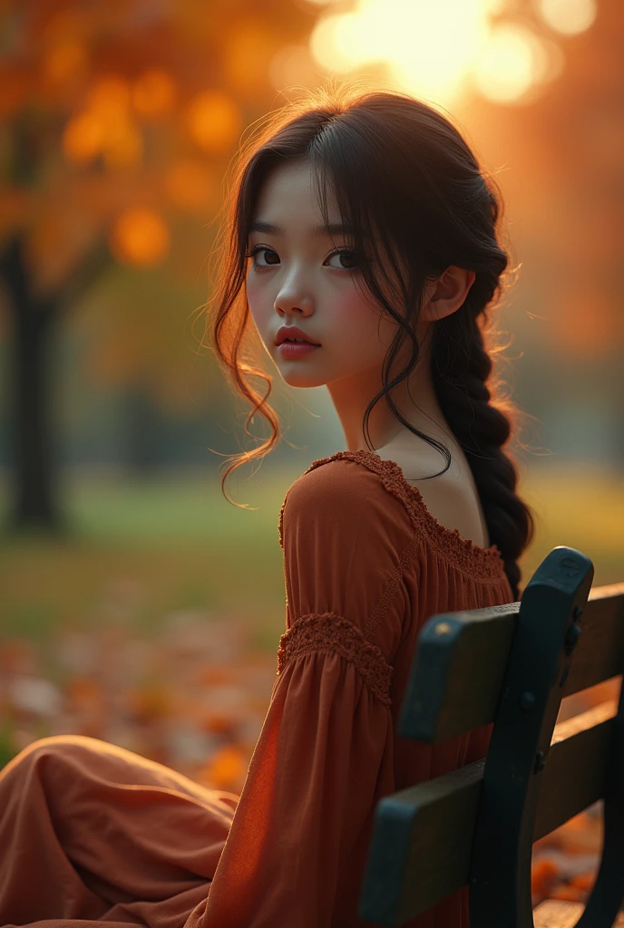 a serene autumnal landscape, 1 girl sitting on a bench, beautiful detailed eyes, beautiful detailed lips, extremely detailed face, long eyelashes, autumn dress, pensive expression, sitting in a park with colorful fall foliage, warm sunlight, golden hour, cinematic lighting, muted color palette, highly detailed, intricate textures, photorealistic, award winning digital art