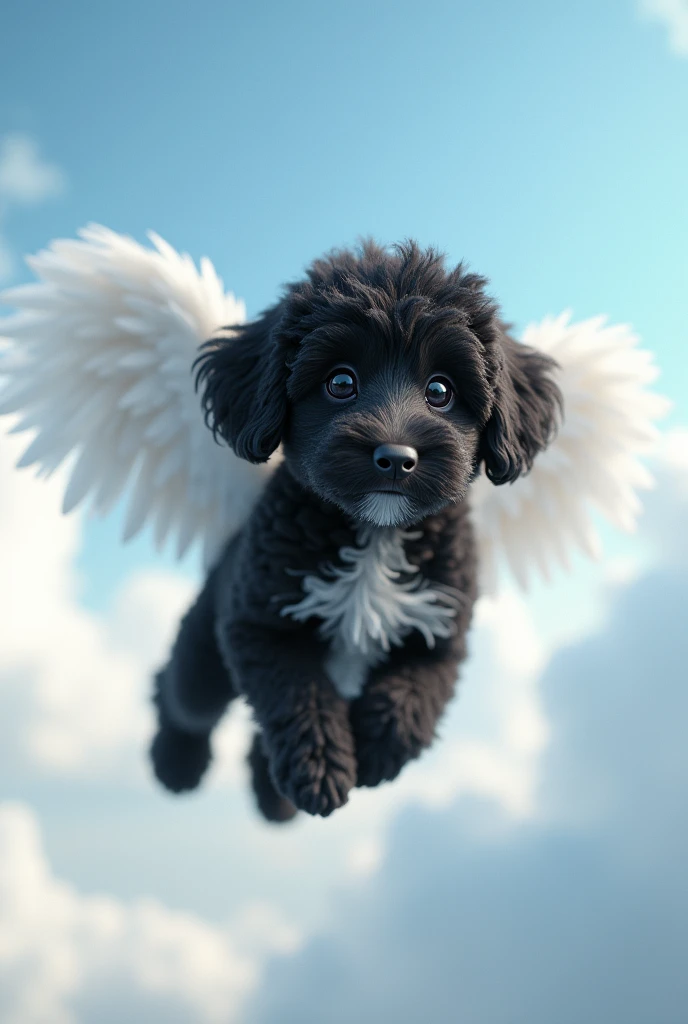 Black poodle puppy with white belly with wings in the sky
