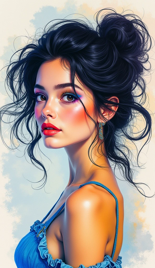 8K quality, watercolor painting, stylish design Colorful beautiful girl：A girl，messy  hair，oil painted，perfect  face，Soft skin perfect face，blue yellow colors，Light purple and violet color added，Light red color added，Complicated details，Splash screen，8K resolution，tmasterpiece, cute  face, ArtStation digital painting is smooth and very black ink flow：8k resolution photorealistic masterpiece：intricately detailed fluid gouache painting：Written by Jean Baptiste Mongue：caligraphy：propylene：water color art，professional photoshooting，natural  lightting，Volumetric lighting minimalist photographic illustration：Written by Marton Bobzert： ，complex，ellegance，sprawling，dream magical，Wavy hair，with dynamism