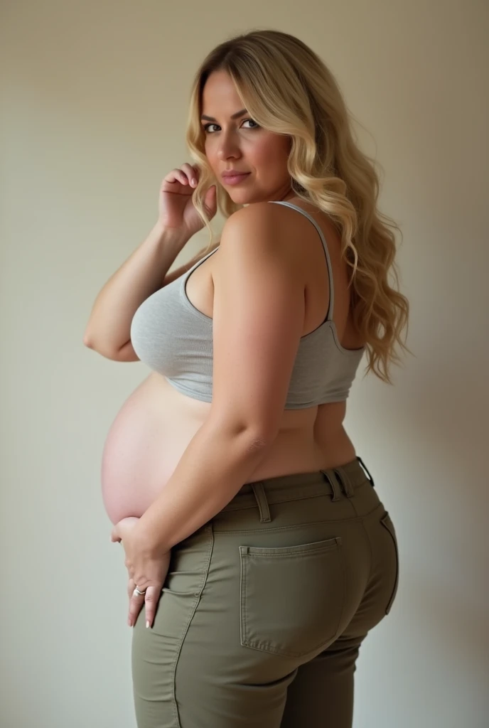 Slightly chubby pregnant blonde woman, thick hips, huge fat juicy butt, huge pregnant belly, big cleavage, busting out of tank top and tight khaki pants, biting bottom lip, light makeup, hand on butt while the other moves hair out of her face, arched back, butt sticking out, blushing, full body shot, rear view, slight side view