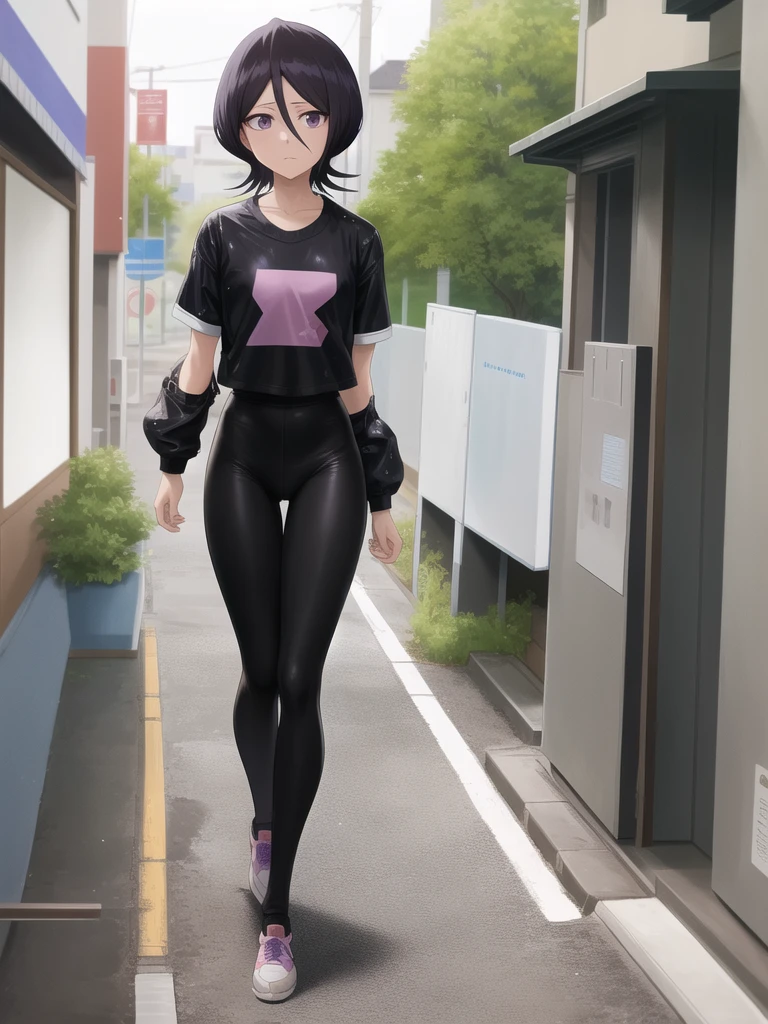 captured anime outfit, forst,pathway,
1 girl, standing alone, shorth hair, Bblack hair, purples eyes, tight, wet white leggings,She is alone on a street full of shops