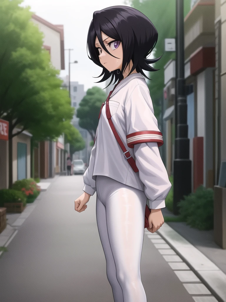captured anime outfit, forst,pathway,
1 girl, standing alone, shorth hair, Bblack hair, purples eyes, tight, wet white leggings,She is alone on a street full of shops 