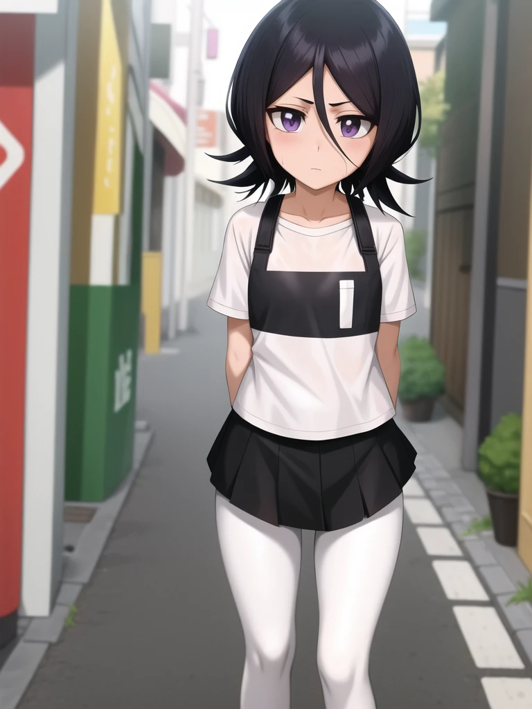 captured anime outfit, forst,pathway,
1 girl, standing alone, shorth hair, Bblack hair, purples eyes, tight, wet white leggings,She is alone on a street full of shops 