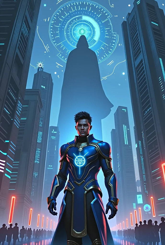 Imagine a futuristic city with towering glass and steel skyscrapers, illuminated by holograms and neon lights in the night sky. At the center, Elior, a young man with a determined expression, wears a high-tech suit in shades of blue and silver, holding an ancient device that emits a soft blue glow. In the background, a shadowy figure observes from above, shrouded in darkness. Digital constellations form enigmatic patterns in the sky, creating an immersive atmosphere of technological advancement 