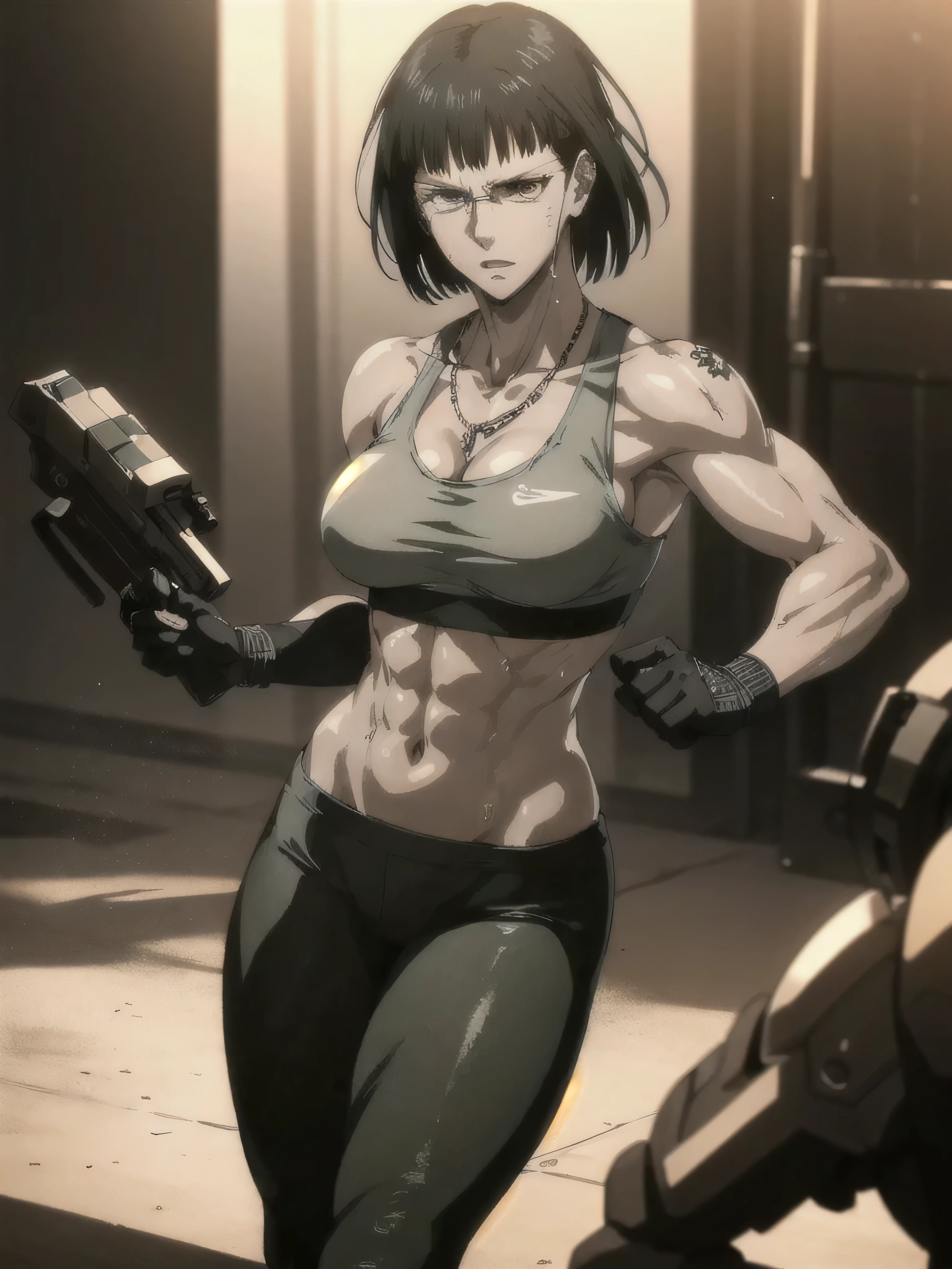 (best quality,ultra-detailed,realistic:1.37),1 girl, musclaur badass girl with sculpted body with preview her musclaur body and six-pack, full review of the female character's face and body, strong and confident posture, studio lighting, vivid colors, physiologically-based rendering, grungy texture, rugged background, dust particles in the air, commanding presence, professional, powerful, gritty aesthetics,,Valmet،short hair,necklace,Light reflection on shoulders,Sweat in muscles،،wearing military underwear and midriff tank top, tattoos on shoulders, wearing a boxing gloves
