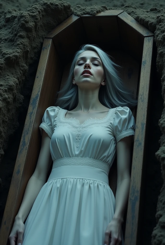 A woman with her eyes open lifeless in a coffin inside the grave silver hair white dress 