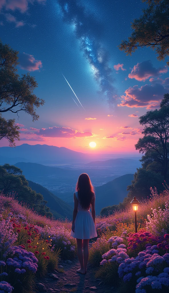 Vast landscape photography, (View from below。The sky and wilderness below。), Woman standing in a flower garden and looking up, (full moon: 1.2), (shooting star: 0.9), (nebula: 1.3), Distant Mountain, Treebreak Production Art, (Warm light source: 1.2), (fire Fly: 1.2), lamp, Purple and Orange, Intricate details, Volumetric Lighting, Realism Break (masterpiece: 1.2) (Highest quality), 4K, Very detailed, (moving composition: 1.4), Extremely detailed and colorful, (Rainbow colors: 1.2), (Glowing lights, Atmospheric lighting), dream-like, Magic, (alone: 1.2)