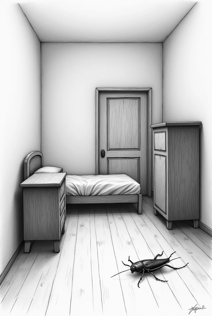 Frank Kafka's Metamorphosis Room without the cockroach in black and white drawn in pencil