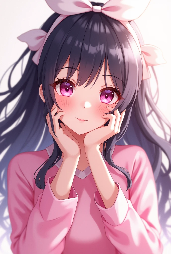 a beautiful girl with black hair with a white bow behind her hair,she wears a beautiful pink outfit,she also wears cute pink sneakers.pink eyes.and she is happy.