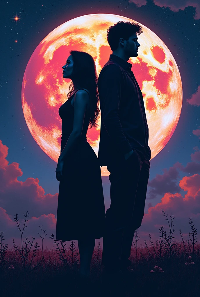 You can take a photo of two silhouettes, one of a woman and one of a man from behind looking in different directions and with the moon in the background in a psychedelic style.