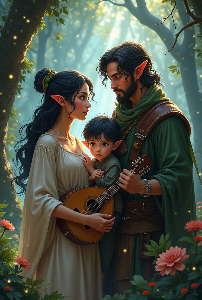 Image of a bard mother and an elf hunter father with an elf child with black hair and gray eyes. Magical era. Semi-realistic, almost anime style.