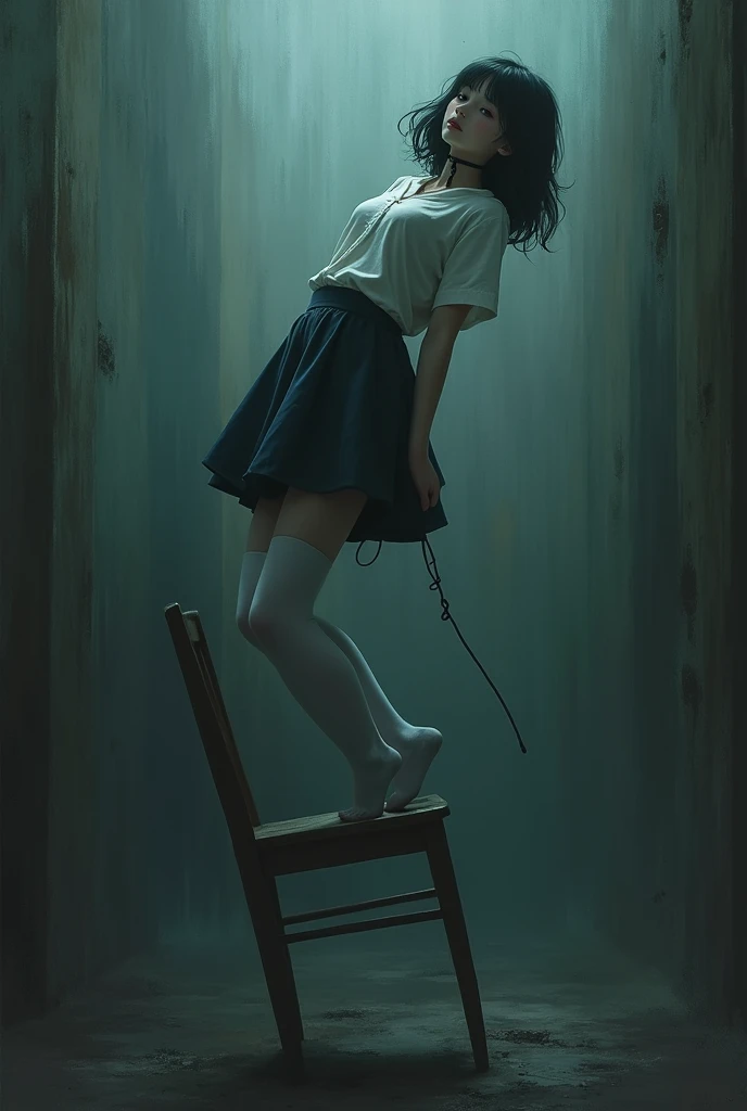 ******girl scene in white thigh high socks, hanged, thòng lọng, hovering in the air , The chair fell under the female student&#39;s feet.