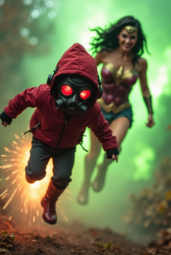 Kid with red hoodie, headphones, star-lord helmet, gas helmet, covered mouth, round red eyes, Red eyes, rocket boots, Vs, wonder woman, big breasts, Fighting, power, fiction, full body, fire in boots, poweful spells, realistic, 2 person, flying, green flames, child, autumn