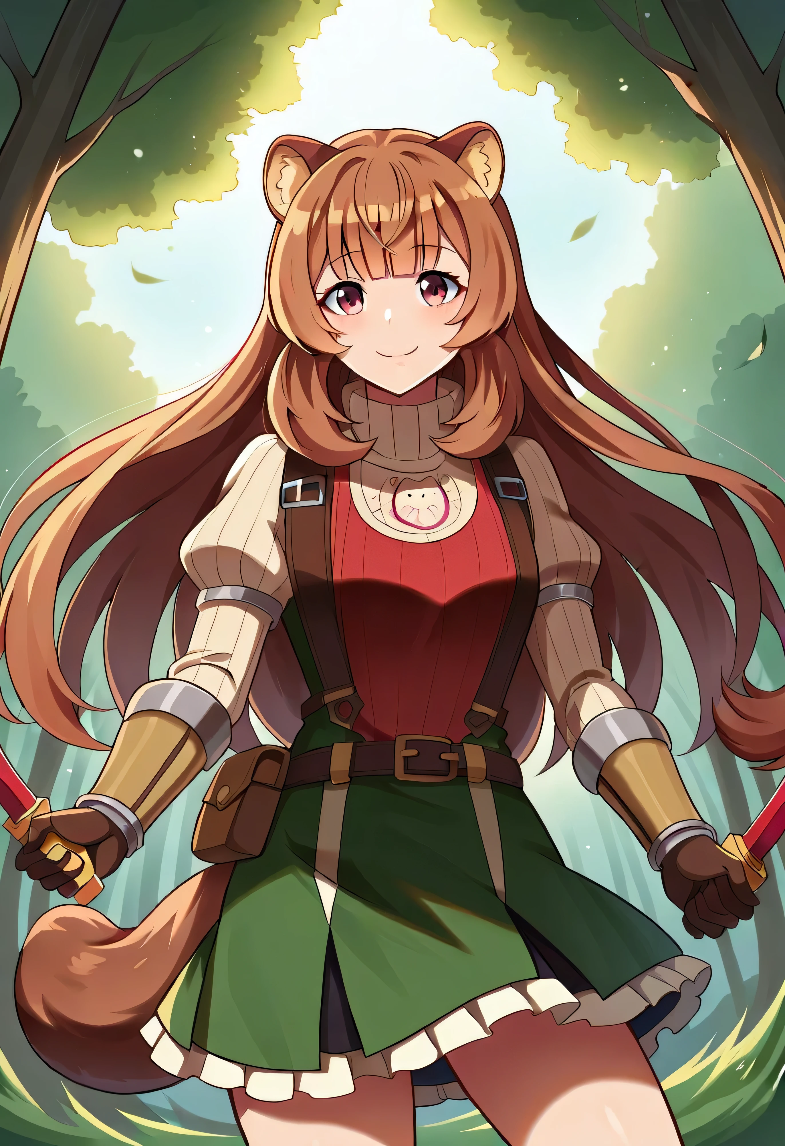 score_9, score_8_superior, score_7_superior, sauce_anime,
Raphtalia, Raphtalia, Long Hair, bangs, Brown Hair, Animal ears, Raccoon Ears, Raccoon Tail, Raccoon Girl, Pink Eyes, smile,
Long sleeve, sweater, ribbed sweater, Puff sleeves, breastplate, ribbon, red ribbon, Gauntlet, Gloves, brown Glovess, belt, skirt, armor,
Outdoor, forest, nature, sword, arms, holding arms, Combat Stance, shout,
View your viewers, Cowboy Shot, Dutch Angle, Dynamic pose,