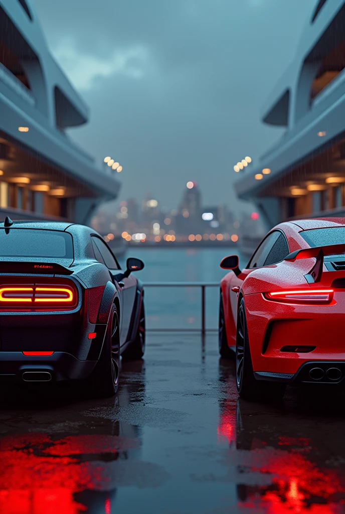 Dodge Challenger and Porsche GT3 RS on a luxury yacht, city in the background blurred, luz outfit, at night, that looks real, without people, facing both, Photo 3/4, with little rain