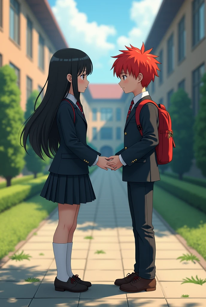 A girl with black hair wears her school uniform and meets a rude boy with red hair., When the boy turns to see the girl he gets nervous because he is in love with her