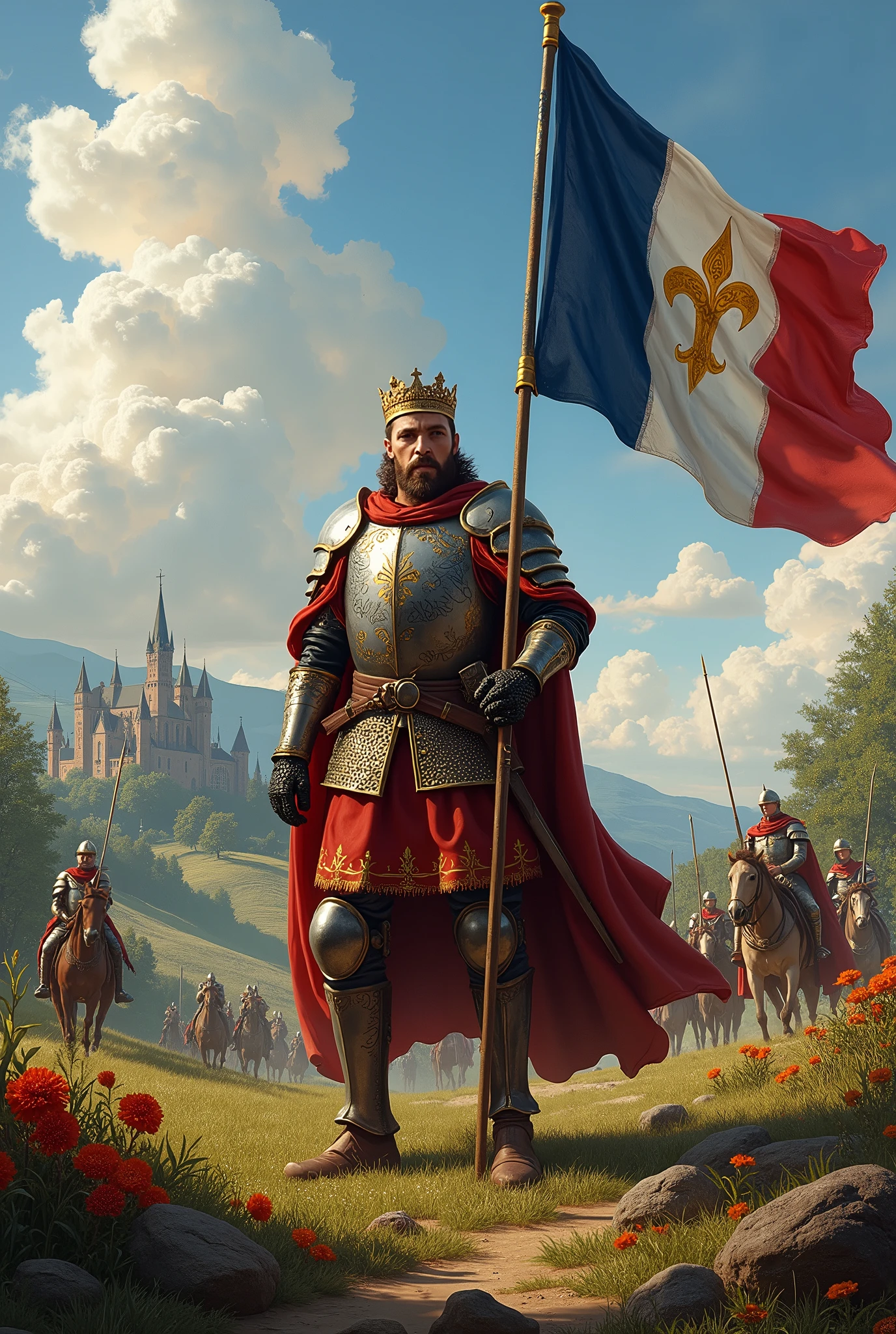 Le roi saint Louis a la guerre, paysage imaginaire de la France drapeau avec un lys doré 