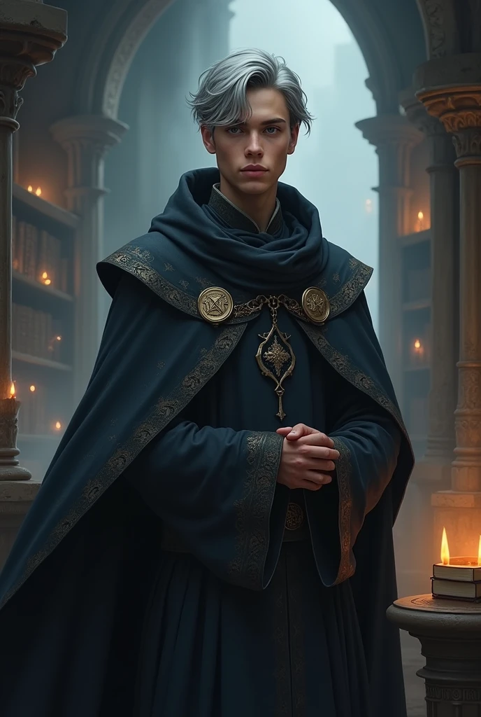 Make an image of a young medieval man with gray hair and eyes, he wears wizard clothes