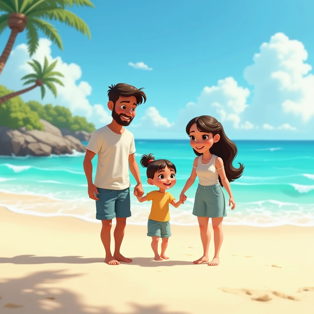 A beach. crystalline waters. In the foreground a girl with two men holding hands. The style of the image Pixar cartoons. The age of the girl is one . The characters in front.