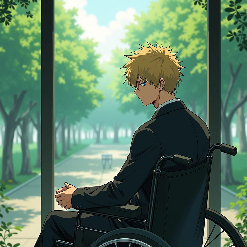 Japanese manga style Hayao Miyazaki,Floor to ceiling windows in the background, park ,handsome male lead, brawny, short blonde hair, sitting in a wheelchair 