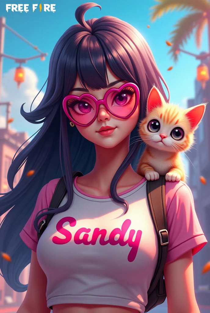 Free Fire game style female character, with long hair and heart shaped glasses, with a kitten on the shoulder, t-shirt with name SANDY written on it