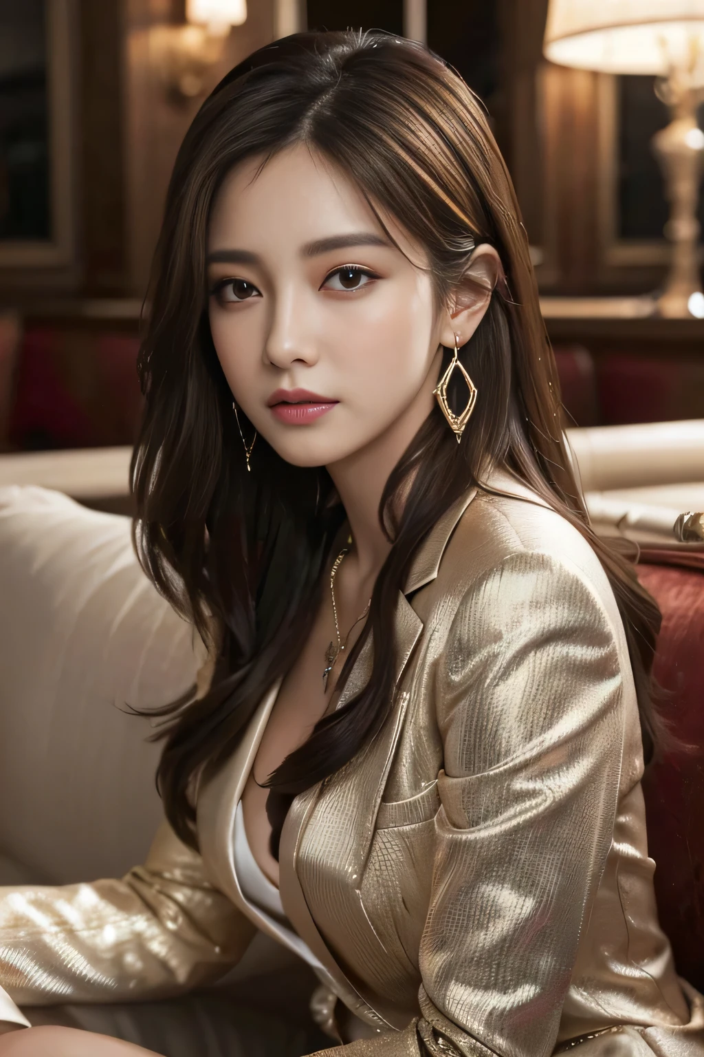  masterpiece, Highest quality, Realistic, Very detailed, Finer details, High resolution, 8k wallpaper, One beautiful woman, Wear a nice suit, In a great restaurant, At night, Light brown messy hair, Perfect dynamic composition, Beautiful and beautiful eyes、Big earrings、Sit on the sofa、