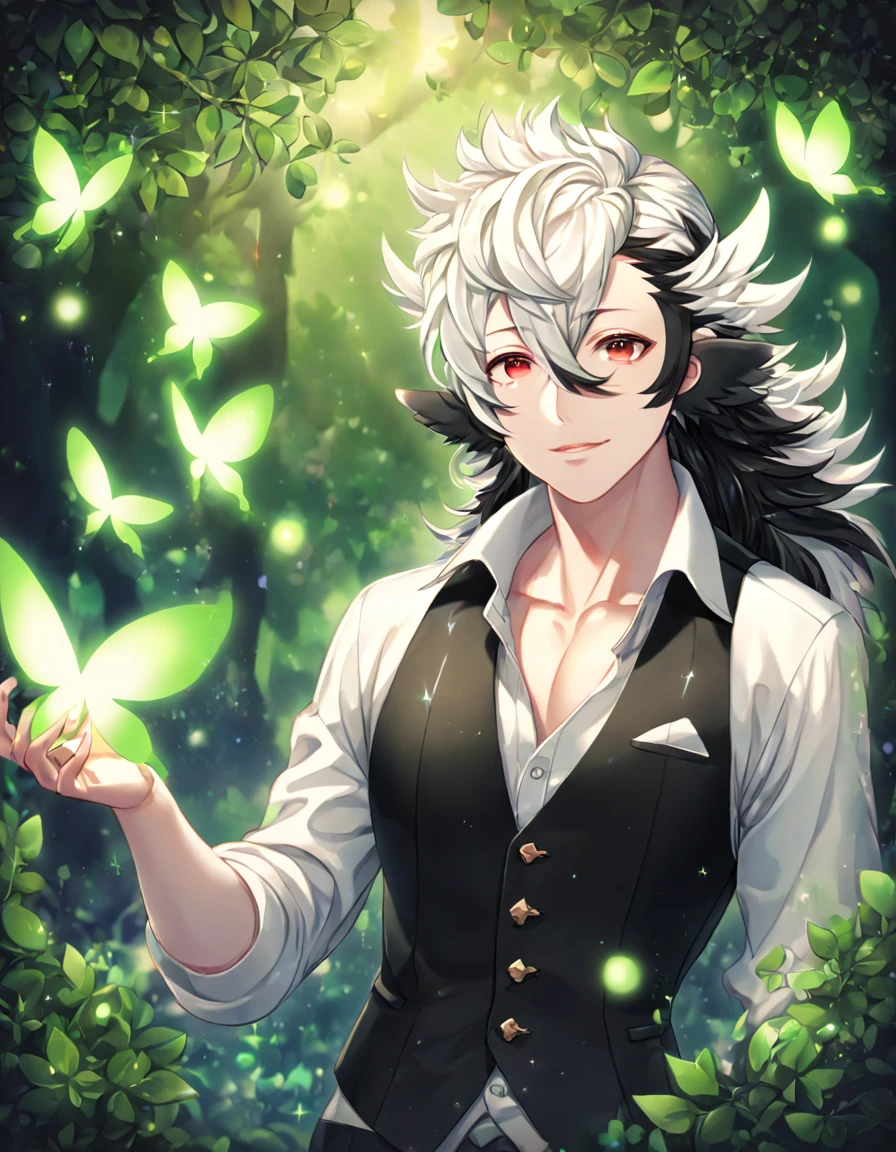 absurdres, highres, ultra detailed, HDR, master piece, best quality, extremely detailed, detailed eyes, Keaton, black and white hair, expressive red eyes, Fire Emblem Fates, solo, sexy man, sensual, handsome, adult face, white shirt, black vest, unbuttoned shirt, under a green tree, fantasy, magical, glittering fireflies, green butterflies, green flames, magic, green leaves