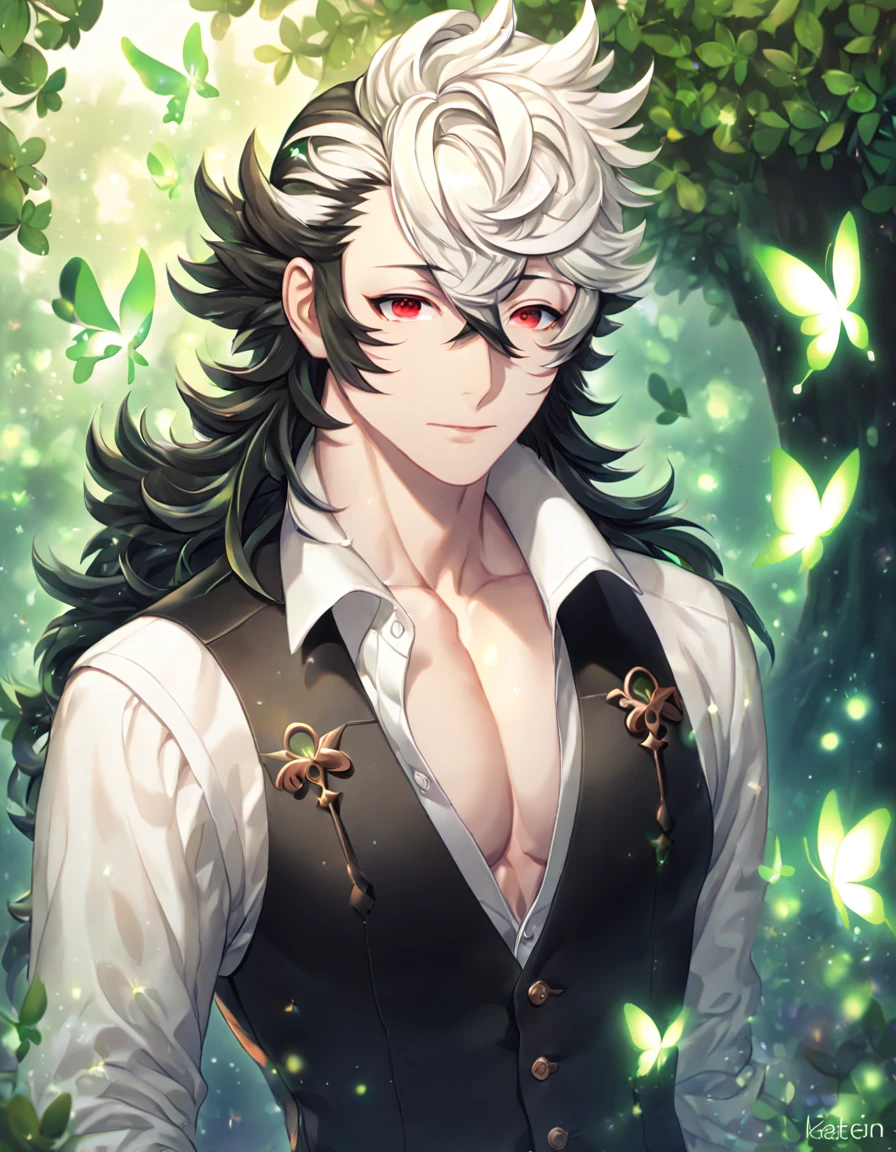 absurdres, highres, ultra detailed, HDR, master piece, best quality, extremely detailed, detailed eyes, Keaton, black and white hair, expressive red eyes, Fire Emblem Fates, solo, sexy man, sensual, handsome, adult face, white shirt, black vest, unbuttoned shirt, under a green tree, fantasy, magical, glittering fireflies, green butterflies, green flames, magic, green leaves