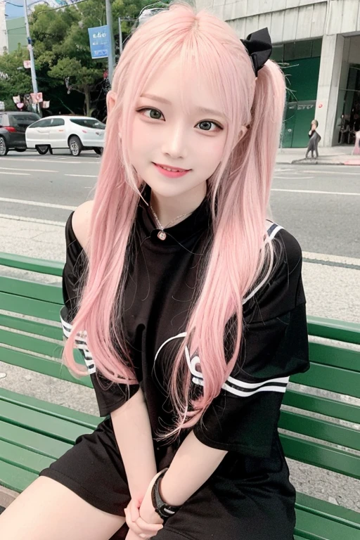 quality, 超Realistic, (Realistic:1.3)、最高quality、Ultra-high resolution、SLR、Instagram、Very delicate、Japan 1 Female(Pink Hair、short hair、ponytail、black eye、、Huge 、Adorable)、Natural smile、sitting on a city bench、It is taken from a distance