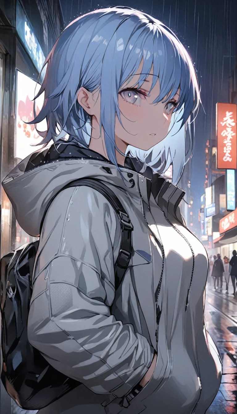 masterpiece, anime girl, short blue hair, light blue eyes, city at night, light rain, shelter, hands in pockets