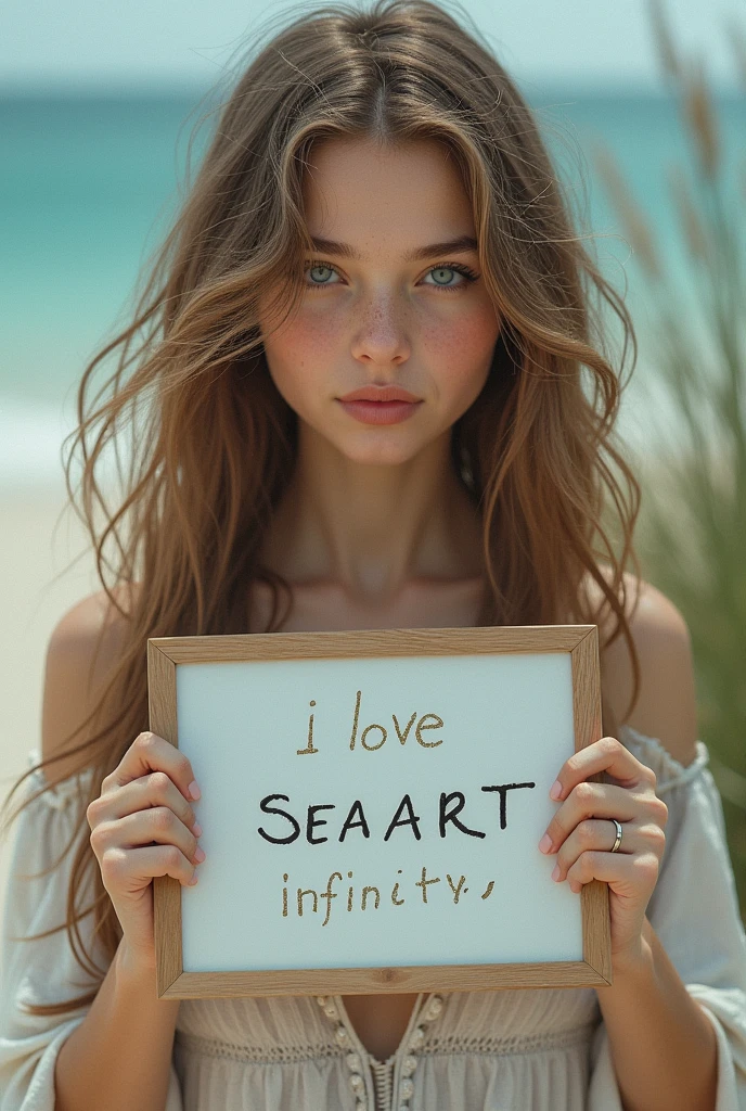 Beautiful girl with wavy long hair, bohemian dress, holding a white board with text "I Love Seaart Infinity" and showing it to the viewer