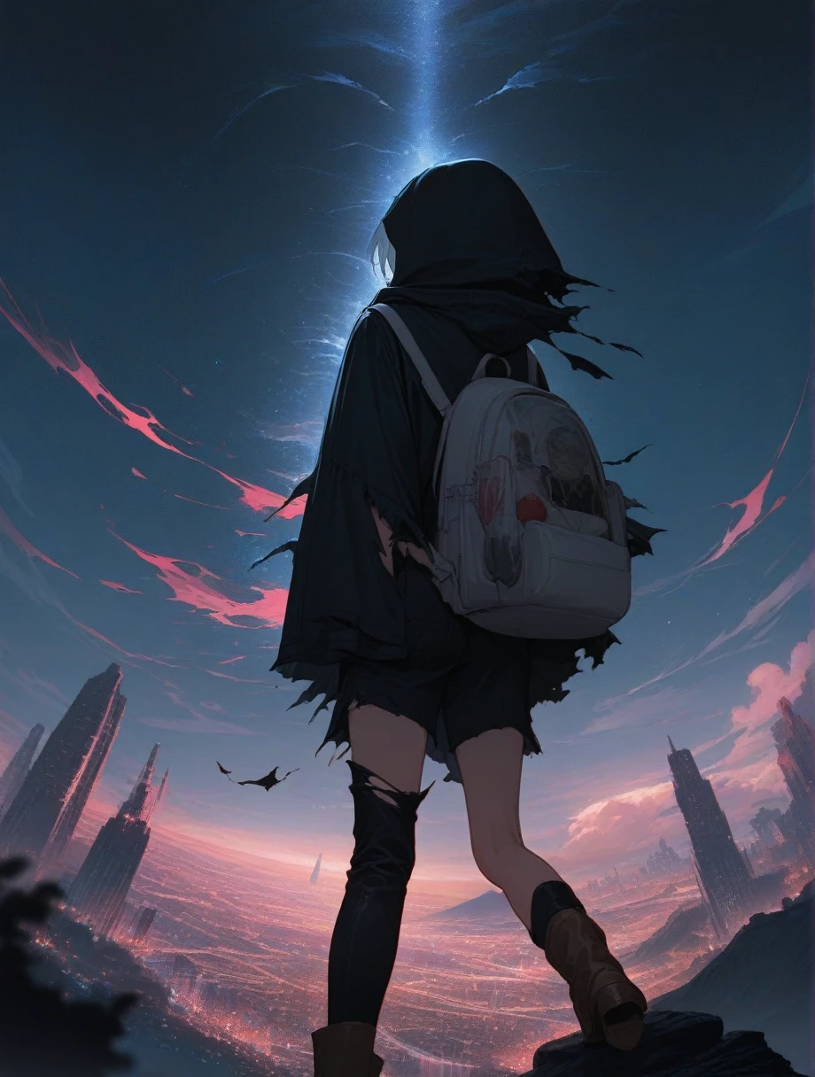 score_9, score_8_up, score_7_up, score_anime, masterpiece, top quality, delicate illustration, sharp lines, sharp focus, BREAK, a traveling girl wandering in the endless night world, the girl wears a hood and has a lot of stuff in her backpack, night , fantastic landscape, beautiful scenery, harmony with nature, spectacular view, futuristic city, (((torn clothes))), (((torn hood))),shorts,boots