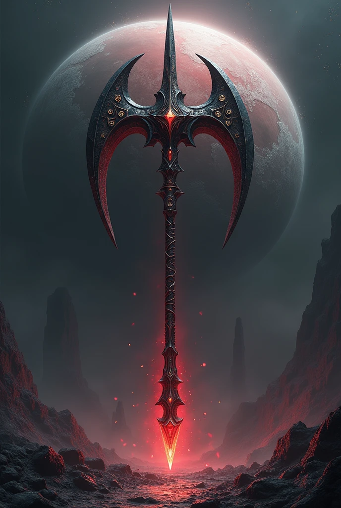 Halberd of hell abbys, halberd super detailed((search image of halberd for reverence)),1,8 meter halberd Long,human long halberd,halberd head is slimmer,have a long spike at head weapon,the spear tip long on top,long ,abbys aura,dark abbys,crescent moon halberd featuring,mysterious red and black dark halberd,planet shatter at background,planet shatter detailed,the planet split in two part background,silver pattern and golden rune around,abbys dark,dark style,evil ways, demonic God weaponery,evil background,destruction everywhere, ultra hd,24K ultra hd, better quality, masterpiece, ultra realistic halberd