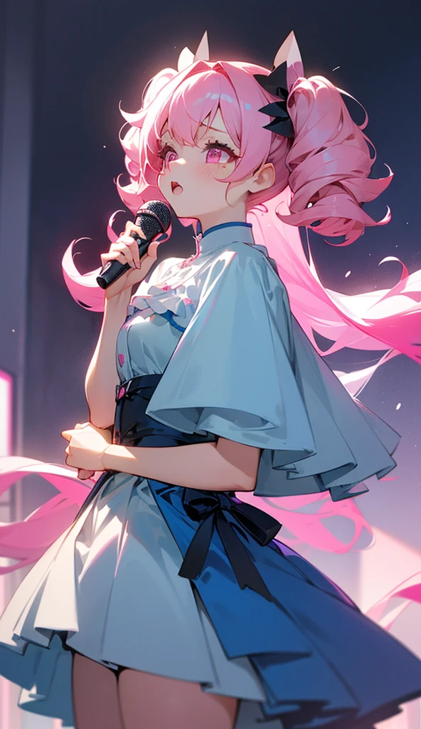 Pink Eyes、With very thin twin tails、The height is medium。Pink hair with curly hair and light blue inner color。
This girl is dressed as an idol and singing. It has a sad atmosphere.