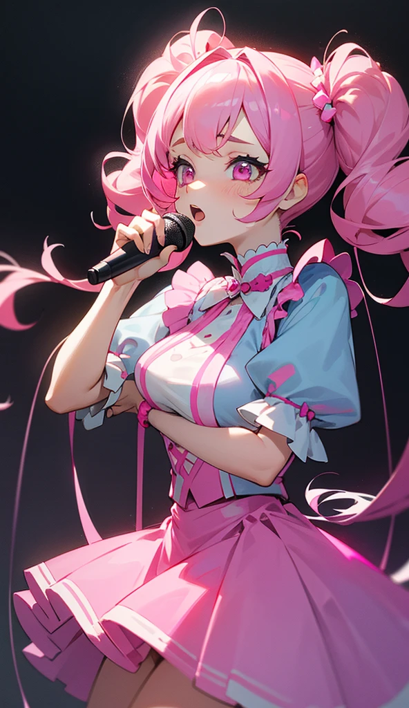 Pink Eyes、With very thin twin tails、The height is medium。Pink hair with curly hair and light blue inner color。
This girl is dressed as an idol and singing. It has a sad atmosphere.